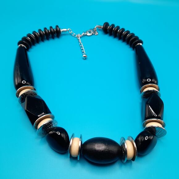 Chico's Chunky Black Beaded Necklace, Cream Silver Beads, 23" - Picture 4 of 11